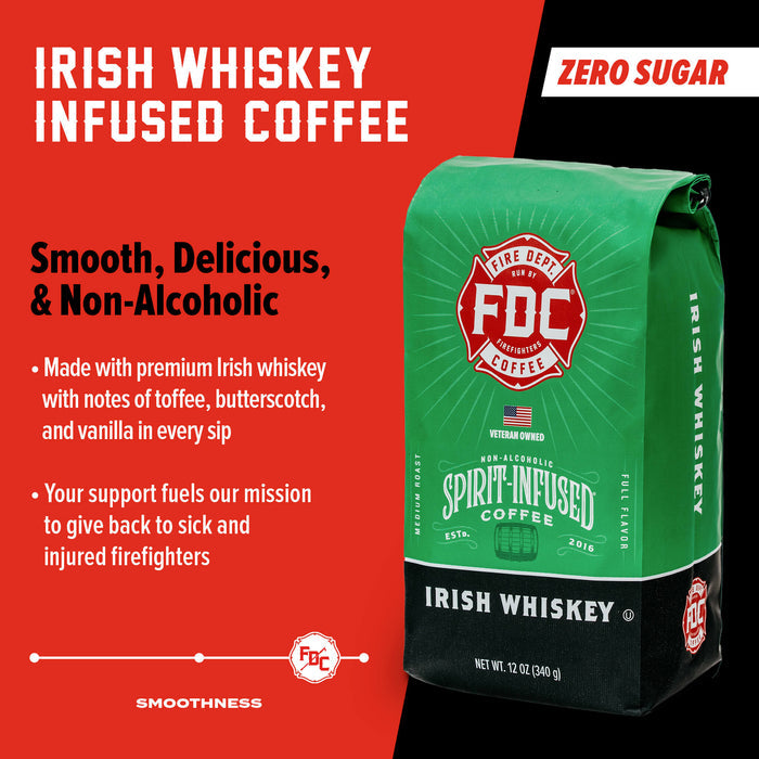FDC Irish Whiskey Infused Coffee package with text on a red and black background.
