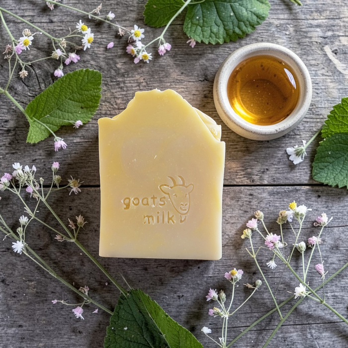 Bar of goats milk soap with a small container of honey on a wooden surface with flowers and leaves.