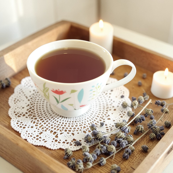 Joy emotional wellness tea on a wooden tray with dried lavender and candles