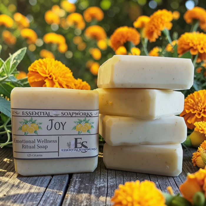 Joy Emotional Wellness Soap surrounded by yellow and orange flowers on a wooden surface