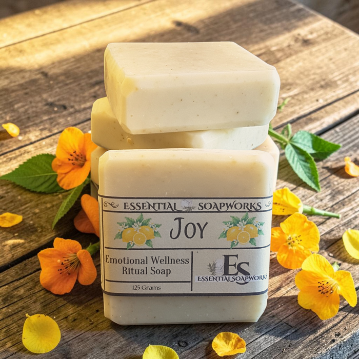 Joy Emotional Wellness Soap surrounded by yellow and orange flowers on a wooden surface