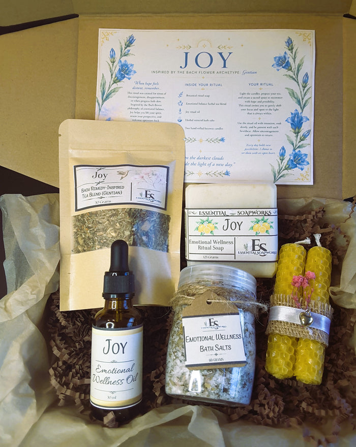 Joy Emotional Balance Ritual Kit with tea, soap, essential oil blend, candles and bath salts
