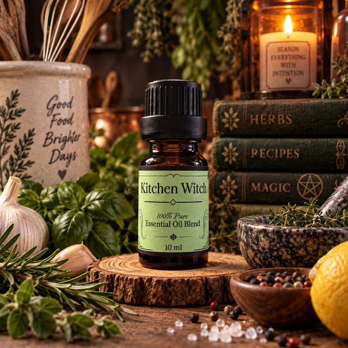 Kitchen Witch essential oil diffuser blend on a wooden surface with peppermint and rosemary with a candle and stack of books in the background