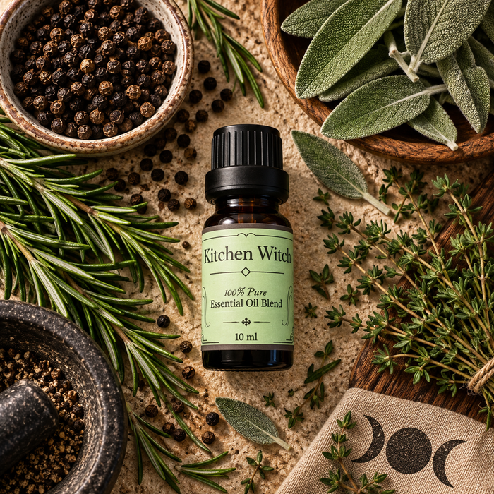 Kitchen Witch essential oil diffuser blend on a wooden surface surrounded by black pepper, thyme, sage leaves and rosemary sprigs