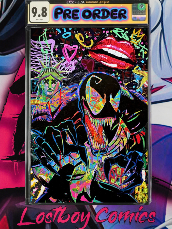 A graded comic book cover in a clear protective slab, featuring a psychedelic black-and-white character illustration with neon multicolor graffiti-style accents.