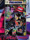 A graded comic book cover in a clear protective slab, featuring a psychedelic black-and-white character illustration with neon multicolor graffiti-style accents.