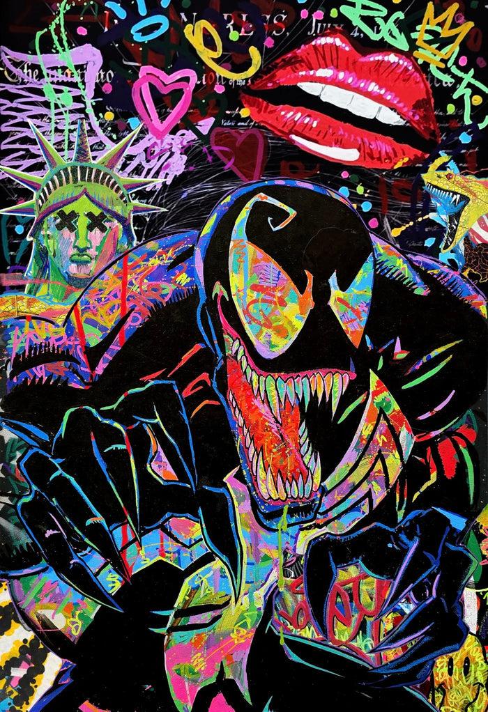 Vibrant pop art print featuring Venom in a colorful graffiti-style design with bright neon colors on a black background, including red lips, a Statue of Liberty head, and graffiti elements.