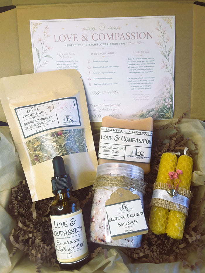 Love & Compassion Emotional Balance Ritual Kit with soap, tea, essential oil blend, candles and bath salts