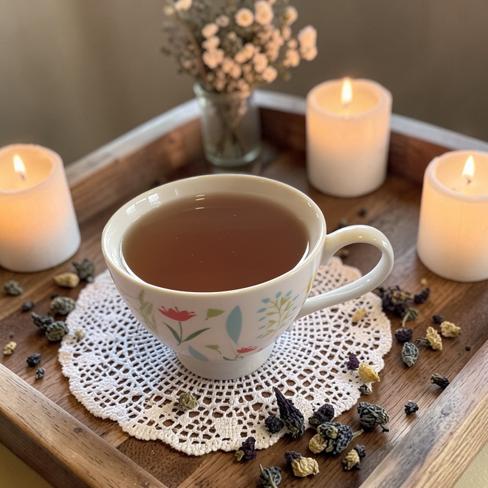 Love & Compassion emotional wellness tea on a wooden tray with candles and dried herbs