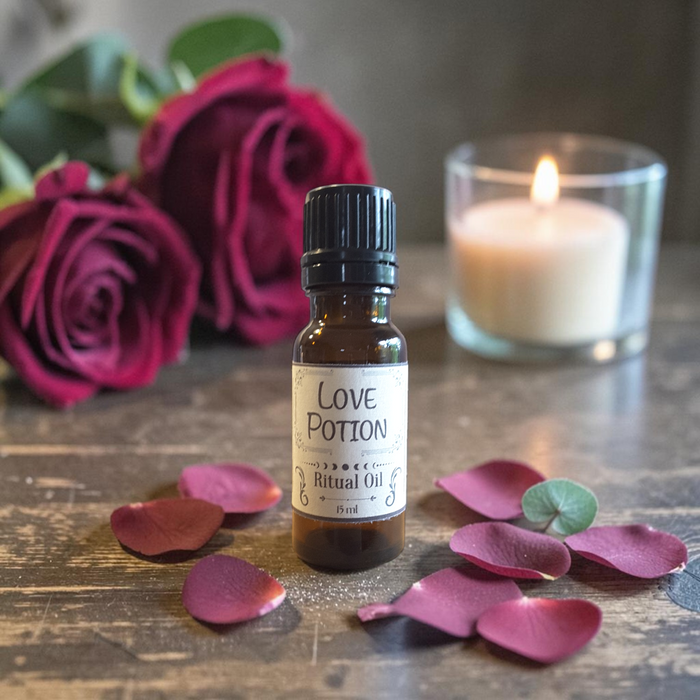 A small amber glass bottle labeled 'Love Potion' with a black cap stands on a rustic wooden surface, surrounded by pink rose petals. In the background, a lit white candle in a clear glass holder and dark red roses are visible.
