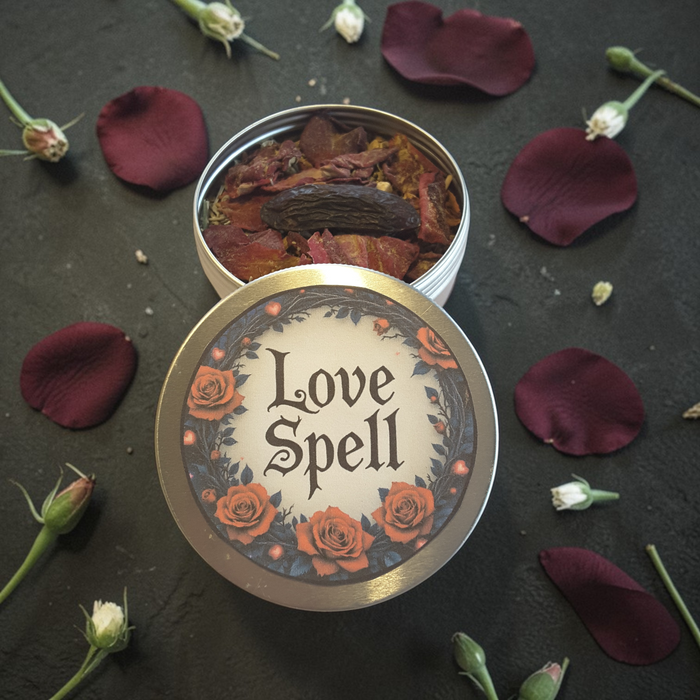 Love Spell loose incense surrounded by rose petals and buds on a dark surface