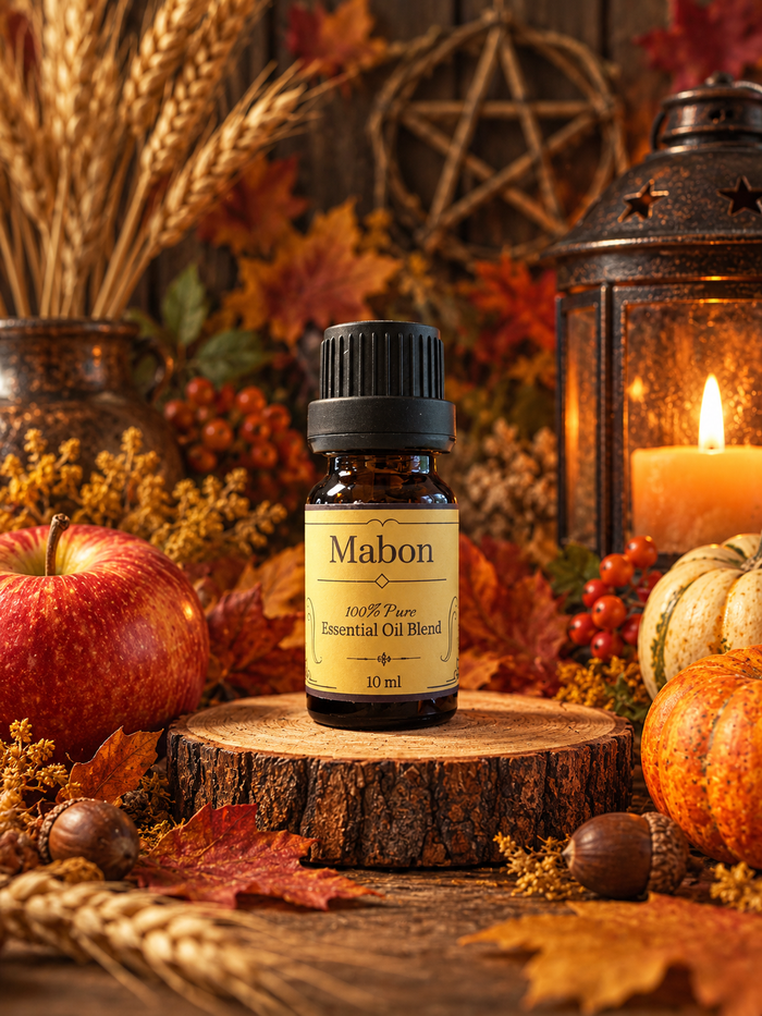 A 10 ml amber glass bottle of Mabon 100% Pure Essential Oil Blend with a black cap and cream label, displayed on a rustic wood slice. The bottle is surrounded by autumn props including a red apple, pumpkins, acorns, dried wheat, and a glowing candle in a lantern.