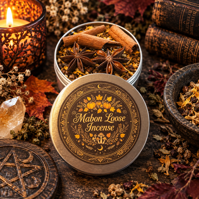 A round metal tin of Mabon Loose Incense with its lid placed in front, surrounded by dried herbs, star anise, cinnamon sticks, a lit candle, old books, and a carved wooden amulet on a rustic wooden surface.