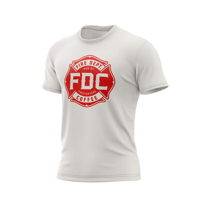 A vintage white Fire Dept. Coffee T-shirt displayed on a white background, featuring a large red FDC Maltese cross logo on the front