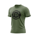 A military green Fire Dept. Coffee T-shirt displayed on a white background, featuring a large black FDC Maltese cross logo on the front