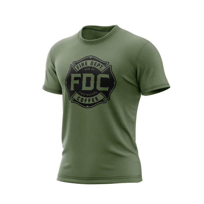 A military green Fire Dept. Coffee T-shirt displayed on a white background, featuring a large black FDC Maltese cross logo on the front