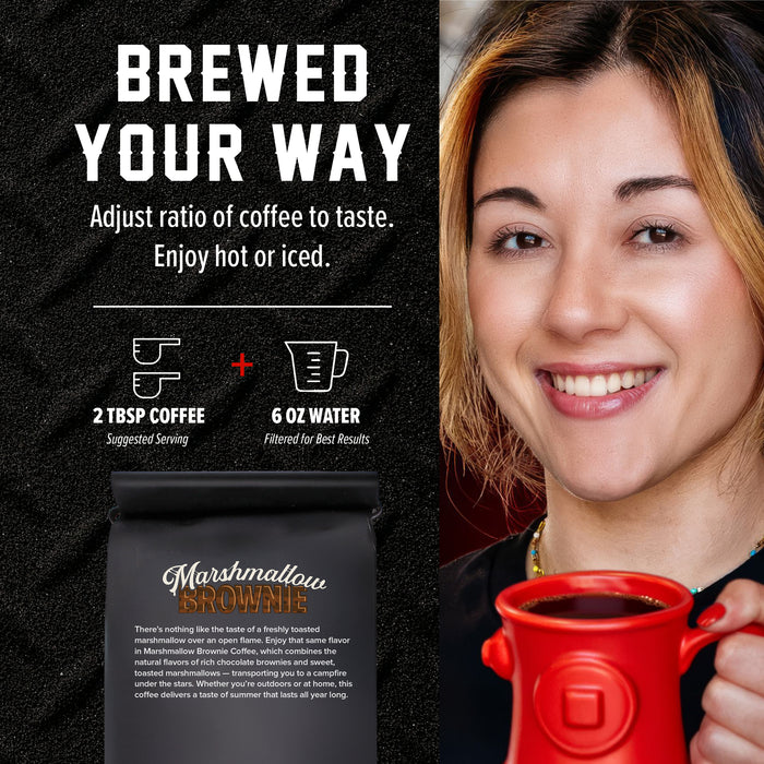 Promotional graphic for a coffee bag with a smiling woman holding a red mug on the right, and product information on the left including the text 'BREWED YOUR WAY' and a black bag labeled 'Marshmallow Brownie'.