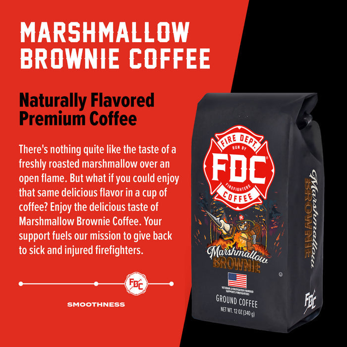 A bag of Marshmallow Brownie Coffee with bold words that read "Naturally Flavored Premium Coffee". A paragraph under reads, "There's nothing quite like the taste of a freshly roasted marshmallow over an open flame. But what if you could enjoy the same delicious flavor in a cup of coffee? Enjoy the delicious taste of Marshmallow Brownie Coffee. Your support fuels our mission to give back to sick and injured firefighters."