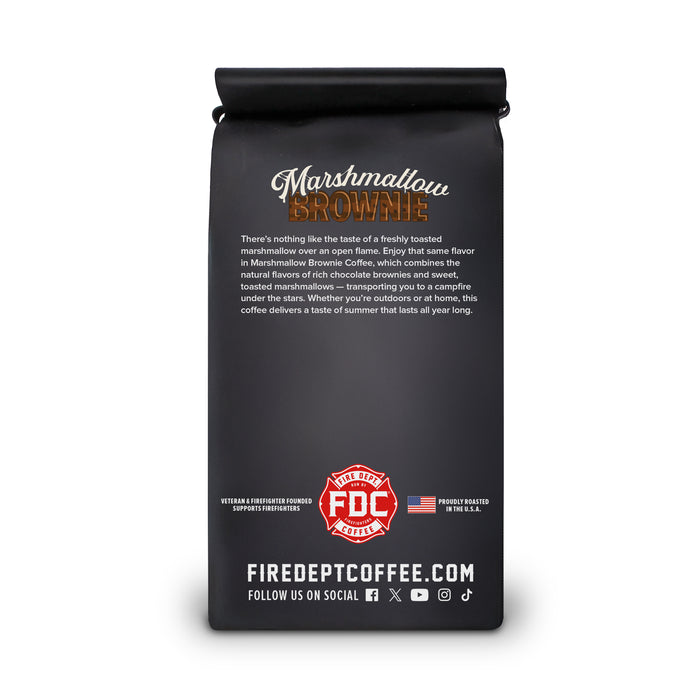 A bag of Fire Department Coffee's 12 oz Marshmallow Brownie Coffee view from the back.