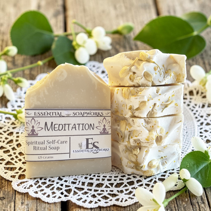 Two bars of Essential Soapsworks Meditation Spiritual Self-Care Ritual Soap displayed on a white lace doily over a rustic wooden surface, surrounded by white blossoms and green leaves.