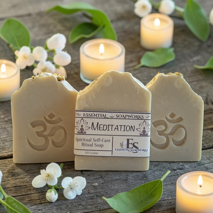 Three bars of beige ritual soap with carved Om symbols, arranged on a rustic wooden surface with lit tea lights, green leaves, and small white flowers. The center bar has a paper label reading 'Essential Soapworks Meditation Spiritual Self-Care Ritual Soap'.