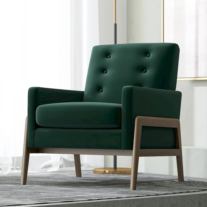 Mid Century Modern Forest Green Velvet Lounge Chair with Walnut Brown Legs
