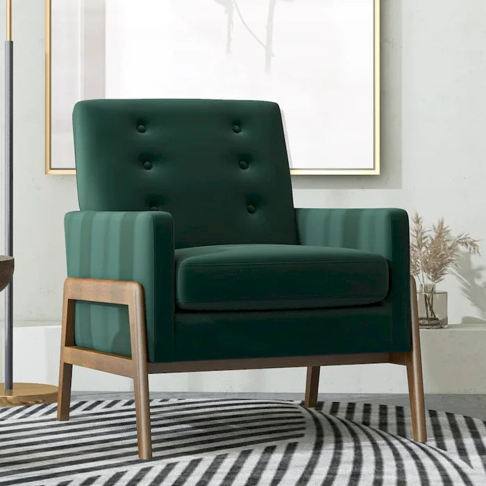 Mid Century Modern Forest Green Velvet Lounge Chair with Walnut Brown Legs