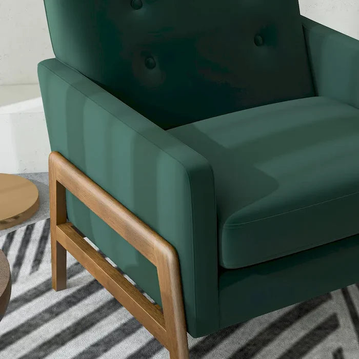 Mid Century Modern Forest Green Velvet Lounge Chair with Walnut Brown Legs