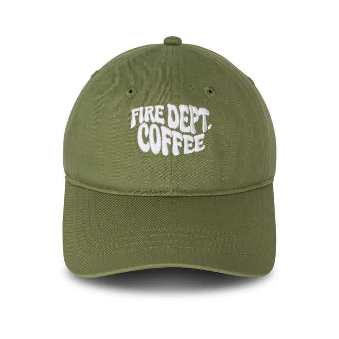 A frontal view of the FDC Military Green Groovy Dad Hat, featuring white stitching of Fire Dept. Coffee in a groovy font.