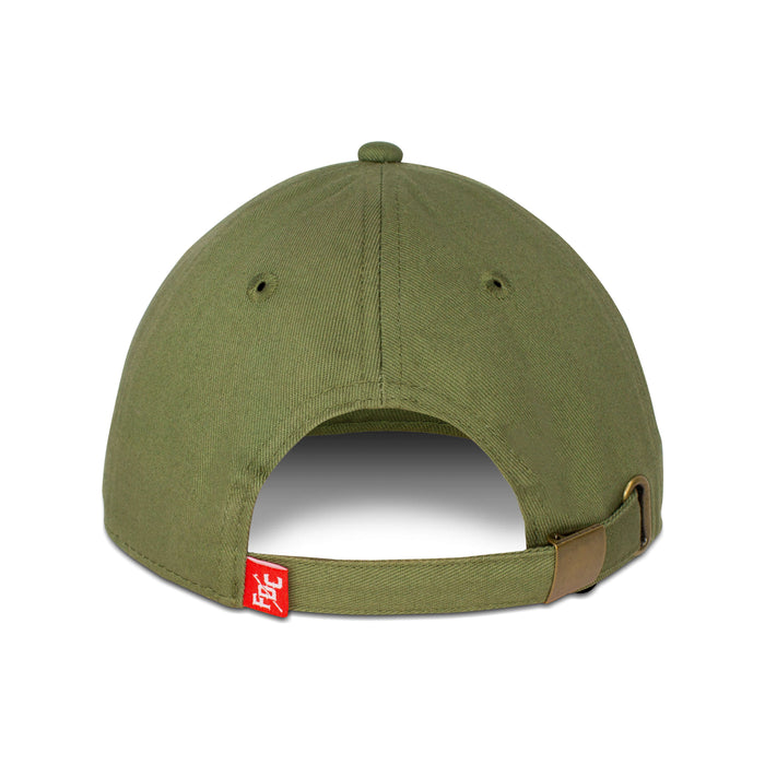 The back view of the FDC Military Green Groovy Dad Hat, featuring a brass adjustable closure.