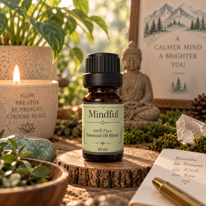 Mindful essential oil diffuser blend on a wooden surface alongside a candle, a buddha statue and clear quartz crystal