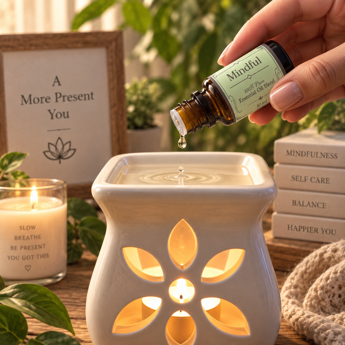 Mindful essential oil diffuser blend being poured into an essential oil burner