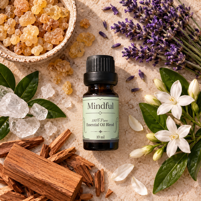 Mindful essential oil diffuser blend on a light brown surface surrounded by frankincense resin, lavender, jasmine flower buds and sandalwood sticks