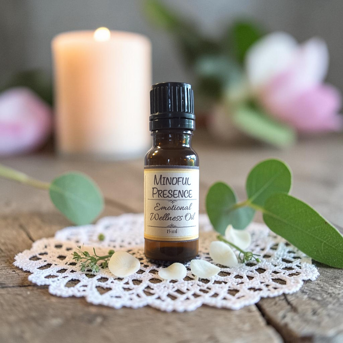 Mindful Presence Emotional Wellness Oil on a doily on a wooden surface with greenery and pink flowers and a candle in the background