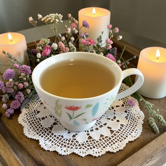Mindful Presence Emotional Wellness Tea on a doily surrounded by candles and flowers