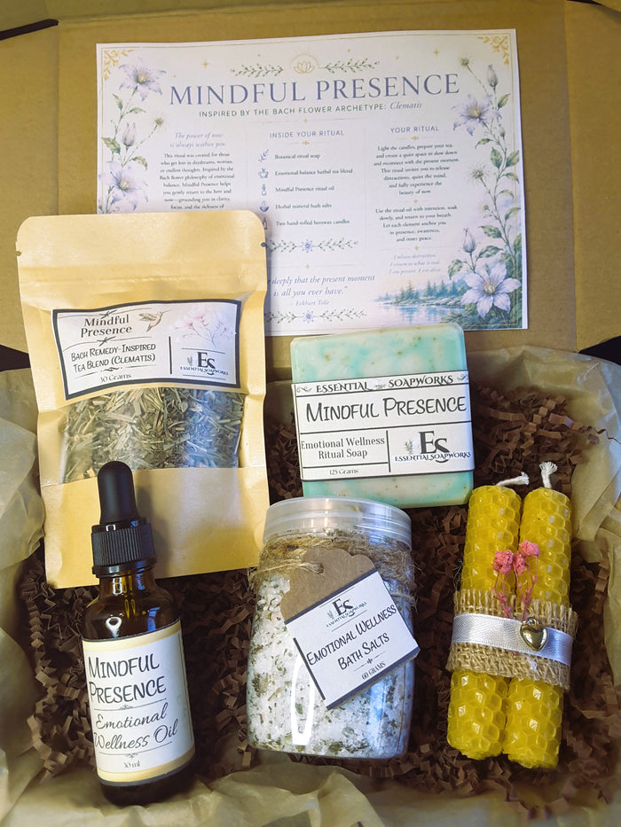 Mindful Presence Emotional Balance Ritual Kit with soap, bath salts, essential oil blend, tea and candles