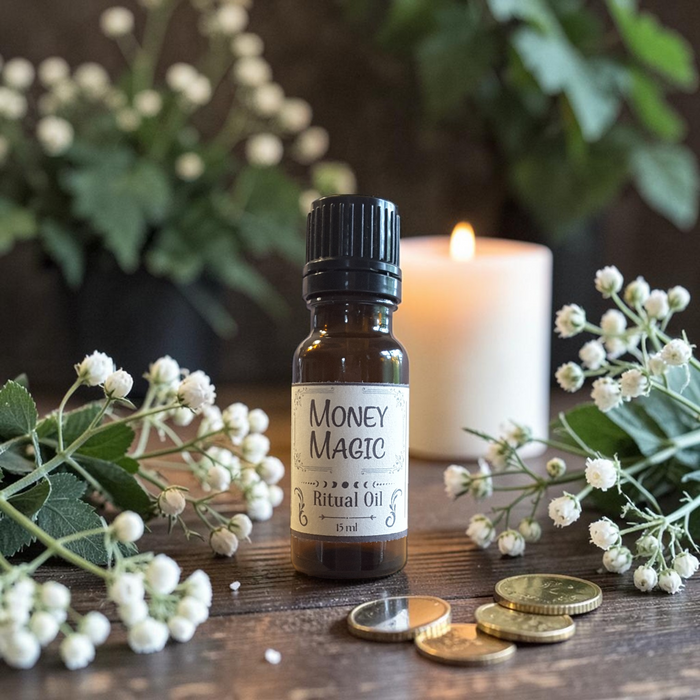 A small amber glass bottle labeled 'Money Magic Ritual Oil' stands on a wooden surface, styled with white flowers, gold coins, and a lit white candle in the background.