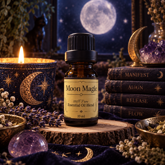 Moon Magic witchy diffuser blend on a wooden surface with lavender and an amethyst crystal with a candle and stacked books with the full moon in the background