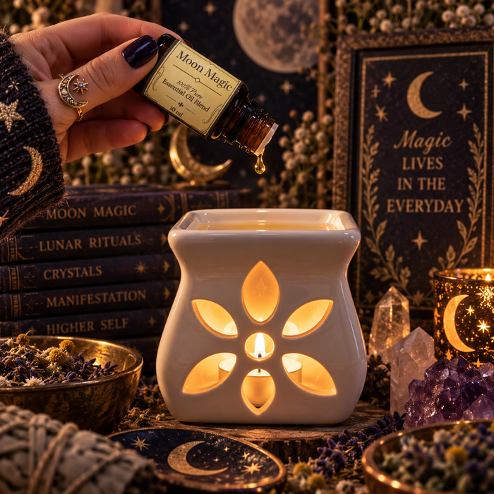 Moon Magic witchy diffuser blend being poured into an essential oil burner on a wooden surface with lavender, chamomile, clear quartz and an amethyst crystal with stacked books in the background