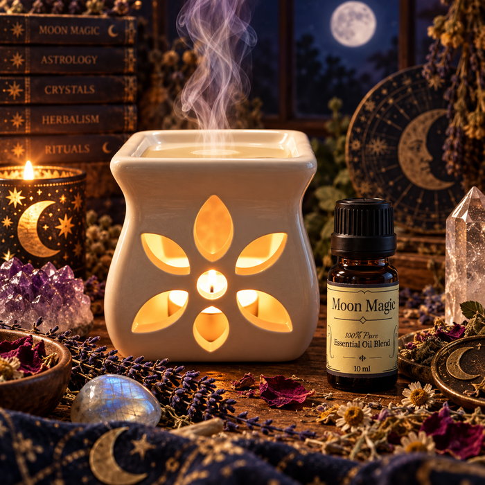 Moon Magic witchy diffuser blend alongside an essential oil burner on a wooden surface with lavender and an amethyst crystal with a candle and stacked books with the full moon in the background