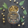 Moon Magic loose incense with dried herbs on a dark surface with leaves.