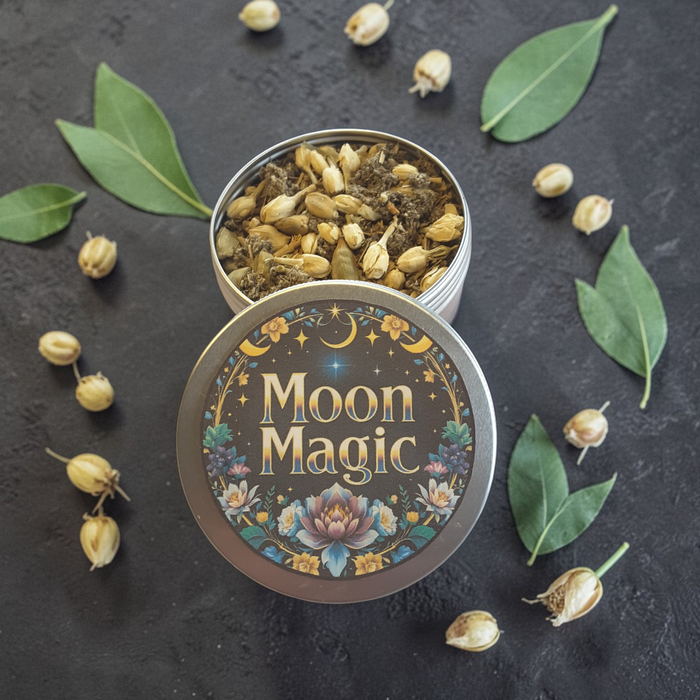 Moon Magic loose incense with dried herbs on a dark surface with leaves.