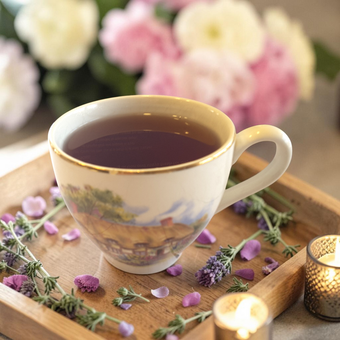 Mystic ritual tea on a wooden tray with flowers and a candle in the background