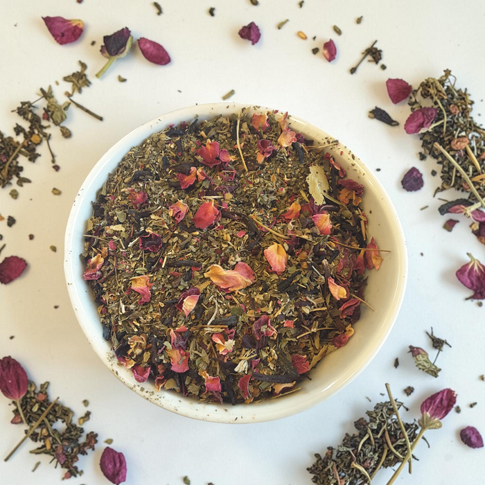 Loose leaf Mystic ritual tea in a bowl on a white background