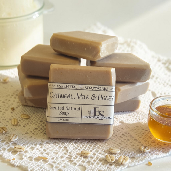 oatmeal soap on lace fabric with rolled oats