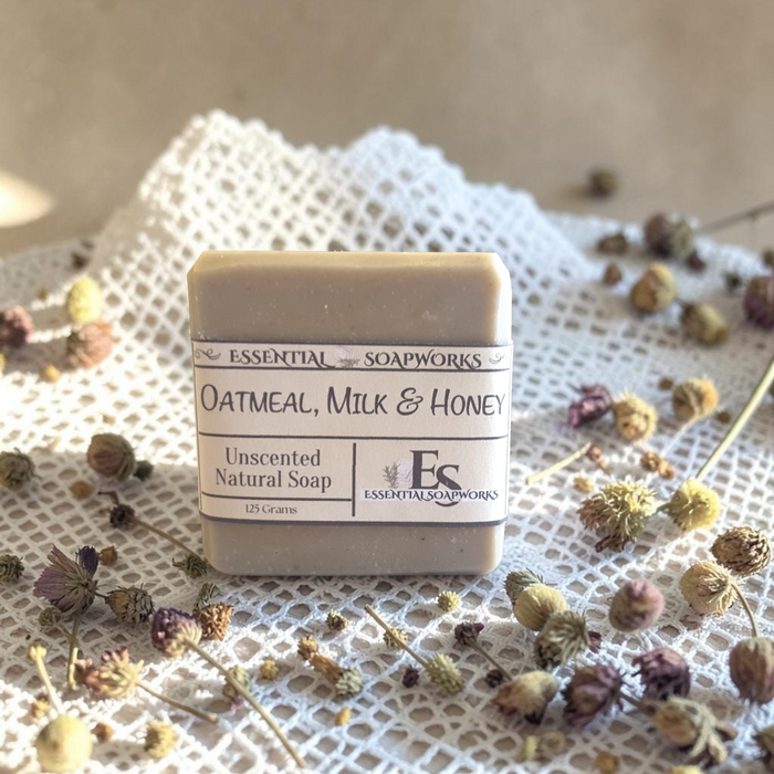 unscented oatmeal soap on lace fabric with dried flowers