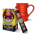 The On The Go Bundle featuring a box of Skull-Crushing Instant Espresso Coffee and a red fire hydrant coffee mug on a white background.