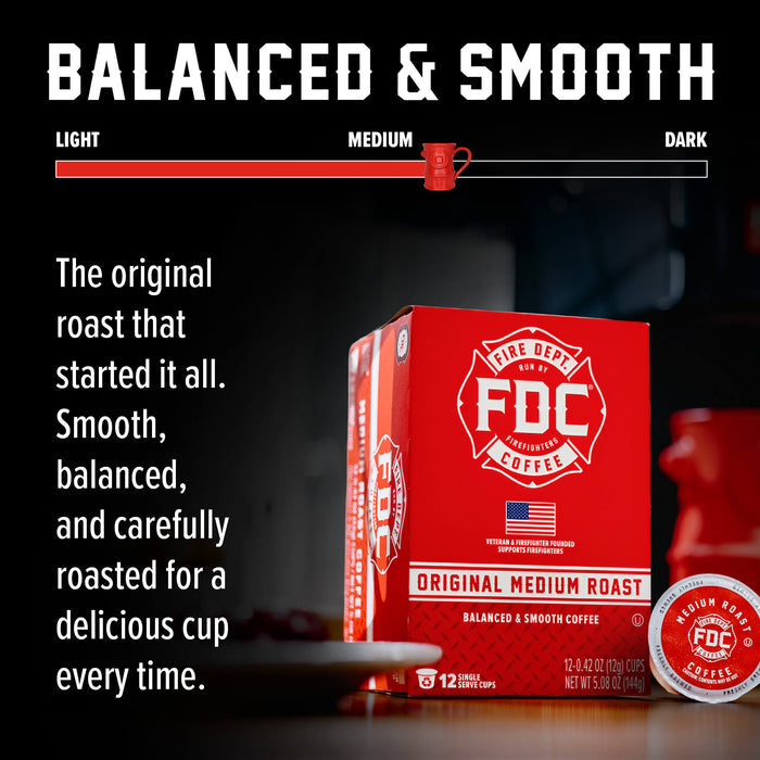 FDC Fire Department Original Medium Roast coffee boxes on a dark background with promotional text and a roasting level slider graphic at the top.