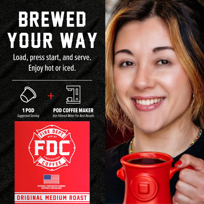 A promotional graphic for a coffee pod maker showing a smiling woman holding a red mug on the right, and product information on the left. The left side includes the text 'BREWED YOUR WAY,' descriptive copy, icons for 1 POD suggested serving and POD coffee maker, and a red Fire Department style FDC Coffee logo panel.