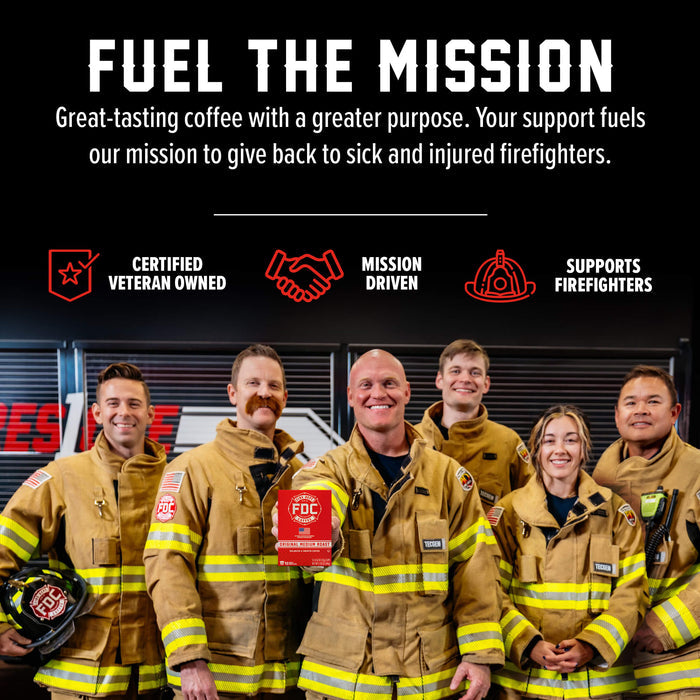 A group of firefighters in tan turnout jackets and helmets pose together in front of a dark fire station interior, with large promotional text above reading 'FUEL THE MISSION' and supporting callouts including 'Certified Veteran Owned,' 'Mission Driven,' and 'Supports Firefighters.'.